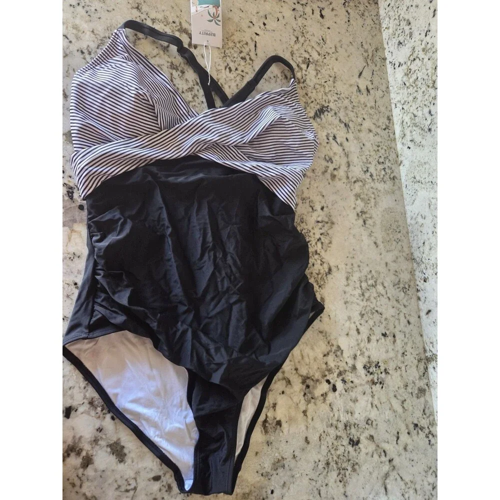 B2PRITY Women's One Piece Swimsuit Striped Black White Adjustable Strap XL
